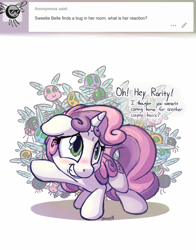 Size: 1100x1400 | Tagged: safe, artist:bobdude0, sweetie belle, parasprite, pony, unicorn, ask, caught, cute, cutie mark, diasweetes, female, filly, sheepish grin, solo, the cmc's cutie marks, this will end in grounding, tumblr