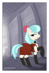 Size: 800x1200 | Tagged: safe, artist:warskunk, coco pommel, bedroom eyes, choker, city, clothes, dress, looking at you, raised hoof, red dress, solo, stockings