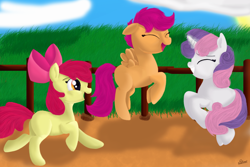 Size: 1200x800 | Tagged: safe, artist:shadowwing34, apple bloom, scootaloo, sweetie belle, cutie mark crusaders, open mouth