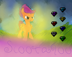 Size: 1280x1024 | Tagged: safe, artist:bubbler7, scootaloo, chaos emerald, crossover, sega, solo, sonic the hedgehog (series), transformation, video game