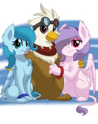 Size: 1024x1297 | Tagged: safe, artist:itstaylor-made, oc, oc only, oc:gunslash, griffon, sphinx, clothes, paws, scarf, side hug, simple background, sphinx oc, tongue out, transparent background, trio