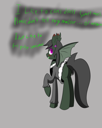 Size: 1280x1600 | Tagged: safe, oc, oc only, oc:maraco arco, bat pony, pony, ask, blushing, collar, crossdressing, earring, glow, glowing eyes, male, piercing, solo, text, tumblr, wingboner