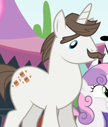 Size: 407x476 | Tagged: safe, screencap, hondo flanks, sweetie belle, pony, unicorn, inspiration manifestation, cropped, facial hair, male, moustache, solo focus, stallion