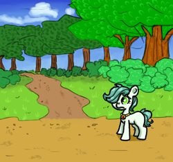 Size: 640x600 | Tagged: safe, artist:ficficponyfic, color edit, edit, oc, oc only, oc:emerald jewel, earth pony, pony, amulet, bush, child, cloud, color, colored, colt, colt quest, cyoa, dirt, explicit source, femboy, foal, forest, frown, grass, hair over one eye, male, sky, solo, trap, tree, wood, worried