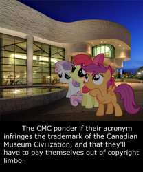 Size: 1182x1424 | Tagged: safe, edit, apple bloom, scootaloo, sweetie belle, canadian museum civilization, cutie mark crusaders, fun with acronyms, infringement, irl, photo, ponies in real life, vector, vector edit