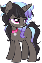 Size: 1024x1522 | Tagged: safe, artist:diigii-doll, oc, oc only, oc:aroma dazzler, blank flank, collar, pet tag, solo, starry eyes, wingding eyes