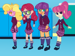 Size: 3507x2658 | Tagged: safe, artist:oneovertwo, alizarin bubblegum, diwata aino, ginger owlseye, taffy shade, equestria girls, friendship games, background human, clothes, ruby red, skirt