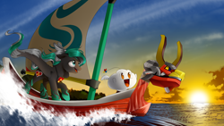 Size: 2560x1440 | Tagged: safe, artist:supermare, pony, commission, crossover, king of red lions, nintendo, ocean, open mouth, ponified, ship, sky, sun, sunrise, swirly markings, the legend of zelda, the legend of zelda: the wind waker