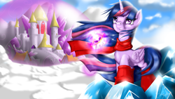 Size: 3840x2160 | Tagged: safe, artist:fairysearch, twilight sparkle, twilight sparkle (alicorn), alicorn, pony, castle, clothes, female, mare, necklace, scarf, snow, socks, solo, windswept mane