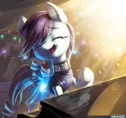 Size: 1168x1100 | Tagged: safe, artist:xennos, coloratura, earth pony, pony, the mane attraction, clothes, crying, cute, cutie mark, eyes closed, female, glowing cutie mark, heartwarming, mare, open mouth, piano, raised hoof, rara, rarabetes, scene interpretation, singing, smiling, solo, sweet dreams fuel, tears of joy, the magic inside