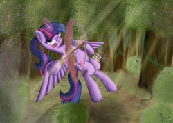 Size: 3507x2480 | Tagged: safe, artist:frozentear7, twilight sparkle, twilight sparkle (alicorn), alicorn, pony, alternate hairstyle, arrow, bow (weapon), bow and arrow, crepuscular rays, everfree forest, female, forest, magic, mare, ponytail, solo, telekinesis, tribal