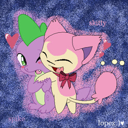 Size: 429x431 | Tagged: safe, artist:lopez765, spike, dragon, crossover, crossover shipping, hug, pokémon, shipping, skitty