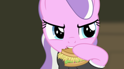 Size: 1450x816 | Tagged: safe, artist:bootsyslickmane, diamond tiara, burger, clothes, eating, food, hay burger, hoof hold, movie reference, pulp fiction, simple background, suit