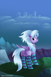 Size: 800x1200 | Tagged: safe, artist:warskunk, cloudchaser, clothes, looking back, plot, socks, solo, striped socks