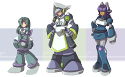 Size: 4800x2966 | Tagged: safe, artist:thegreatrouge, limestone pie, marble pie, maud pie, human, absurd resolution, armor, clothes, crossover, hand on hip, hands together, humanized, megaman, megaman x, pie sisters, siblings, sisters, trio