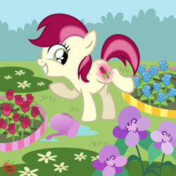 Size: 2000x1999 | Tagged: dead source, safe, artist:pony-paint, roseluck, cutiespark, filly, garden, show accurate, solo