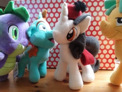 Size: 4128x3096 | Tagged: safe, artist:satokit, snails, snips, spike, oc, oc:smudge proof, dragon, unicorn, clothes, colt, commission, irl, male, photo, plushie, present, quartet, stallion