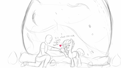 Size: 2560x1440 | Tagged: safe, artist:frikdikulous, limestone pie, oc, oc:anon, blushing, grayscale, heart, holder's boulder, holding hands, monochrome, partial color