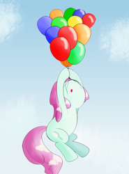 Size: 948x1278 | Tagged: safe, artist:bluemeganium, bubblegum brush, :o, balloon, cloud, sky, solo