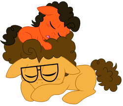 Size: 1024x887 | Tagged: safe, artist:crazynutbob, cheese sandwich, oc, oc:tomato sandwich, brothers, colt, cute, diacheeses, male, mane as pillow, nap, siblings, sleep pile, sleeping, younger