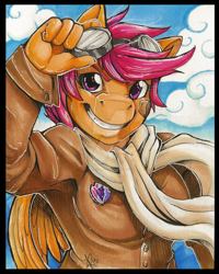 Size: 1024x1280 | Tagged: safe, artist:icecatdemon, scootaloo, anthro, bomber jacket, clothes, goggles, grin, older, scarf, solo, traditional art, watermark