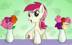 Size: 1600x1000 | Tagged: safe, artist:bluemeganium, roseluck, flower, looking at you, rose, smiling, solo