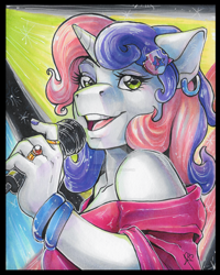 Size: 1024x1280 | Tagged: safe, artist:icecatdemon, sweetie belle, anthro, microphone, older, singing, singing in the rain, solo, spotlight, traditional art, watermark