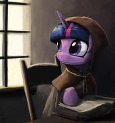 Size: 1101x1179 | Tagged: safe, artist:bakuel, clover the clever, twilight sparkle, hearth's warming eve (episode), book, chair, clothes, costume, frown, looking back, sitting, solo, table, window