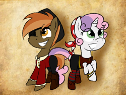 Size: 1024x768 | Tagged: safe, artist:zingydoodle, button mash, sweetie belle, clothes, female, male, pirate, shipping, straight, sweetiemash