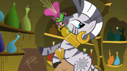 Size: 1366x768 | Tagged: safe, screencap, zecora, zebra, the cutie pox, flower, solo, zecora's hut