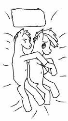 Size: 720x1280 | Tagged: safe, artist:kitty-dyson, oc, oc only, bed, belly button, blank flank, crappy art, cuddling, gay, hug, lineart, male, monochrome, ms paint, snuggling, spooning