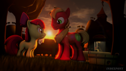 Size: 1920x1080 | Tagged: safe, artist:indexpony, apple bloom, big macintosh, earth pony, pony, 3d, barn, basket, lens flare, male, signature, source filmmaker, stallion, sunset, sweet apple acres