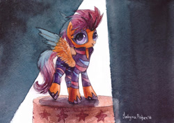 Size: 1024x726 | Tagged: safe, artist:satynapaper, scootaloo, the show stoppers, show stopper outfits, solo, traditional art, watercolor painting