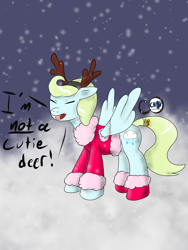 Size: 1800x2400 | Tagged: safe, artist:chaotic harmony, oc, oc only, oc:skyblue, deer, pegasus, pony, clothes, costume, digital art, i'm not cute, solo, winter