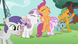 Size: 1366x768 | Tagged: safe, screencap, aura (character), dinky hooves, scootaloo, snails, snips, sweetie belle, tornado bolt, the cutie pox, cheering, happy, jumping