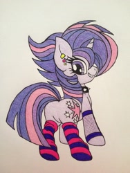 Size: 2448x3264 | Tagged: safe, artist:shadayloronic, twilight sparkle, twilight sparkle (alicorn), alicorn, pony, castle sweet castle, alternate hairstyle, choker, clothes, earring, female, leg warmers, mare, piercing, punklight sparkle, socks, solo, spiked choker, striped socks, traditional art