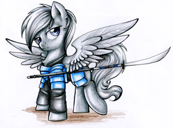 Size: 1024x759 | Tagged: safe, artist:pingwinowa, oc, oc only, oc:shadow, pegasus, pony, armor, badass, commission, femboy, male, naginata, simple background, solo, traditional art, warrior, weapon, white background