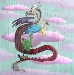 Size: 1024x1034 | Tagged: safe, artist:cinder42, discord, chocolate, chocolate rain, cloud, food, orange bird, rain, solo