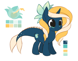 Size: 4001x3176 | Tagged: safe, artist:starshinebeast, oc, oc only, oc:tidal charm, pony, unicorn, aquapony, cute, female, filly, flower, flower in hair, foal, reference sheet, seaunicorn, simple background, smiling, solo, white background