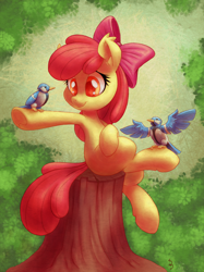 Size: 1124x1500 | Tagged: safe, artist:chromaskunk, artist:dfectivedvice, apple bloom, bird, earth pony, pony, adorabloom, apple bloom's bow, bow, cute, female, filly, hair bow, sitting, smiling, solo, tree stump