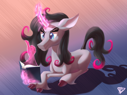Size: 800x600 | Tagged: safe, artist:paradigmpizza, fhtng th§ ¿nsp§kbl, oleander, classical unicorn, them's fightin' herds, book, cloven hooves, community related, curved horn, glowing horn, leonine tail, magic, signature, spellbook, telekinesis, thumbs up, unicornomicon, unshorn fetlocks