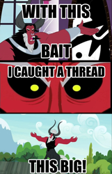 Size: 1281x1990 | Tagged: safe, edit, edited screencap, screencap, lord tirek, twilight's kingdom, bait, crossing the memes, dialogue, exploitable meme, image macro, is this supposed to be humorous, lord tirek's outstretched arms, meme