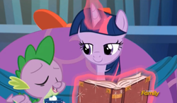 Size: 837x490 | Tagged: safe, screencap, spike, twilight sparkle, twilight sparkle (alicorn), alicorn, dragon, pony, a hearth's warming tail, book, discovery family logo, female, mare