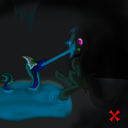 Size: 1280x1280 | Tagged: safe, artist:askhypnoswirl, oc, oc only, oc:maraco arco, bat pony, dragon, pony, ask, cave, collar, glow, glowing eyes, glowing tongue, playing, pond, smiling, swimming pool, tumblr, water