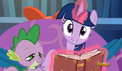 Size: 837x490 | Tagged: safe, screencap, spike, twilight sparkle, twilight sparkle (alicorn), alicorn, dragon, pony, a hearth's warming tail, book, discovery family logo, female, mare, stoner spike