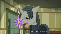 Size: 1280x715 | Tagged: safe, screencap, professor flintheart, pony, unicorn, a hearth's warming tail, angry, christmas ornament, decoration, discovery family logo, floppy ears, frown, funny, glare, male, open mouth, severus snape, solo, stallion