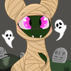 Size: 1280x1280 | Tagged: safe, artist:askhypnoswirl, oc, oc only, oc:maraco arco, bat pony, ghost, pony, glow, glowing eyes, gravestone, graveyard, mummy, nightmare night