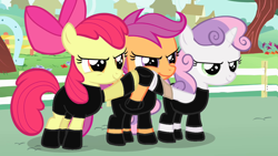 Size: 1280x720 | Tagged: safe, artist:edgeworth87, apple bloom, scootaloo, sweetie belle, boots, clothes, crossover, cutie mark crusaders, dean ambrose, gloves, roman reigns, seth rollins, the shield (stable), wwe