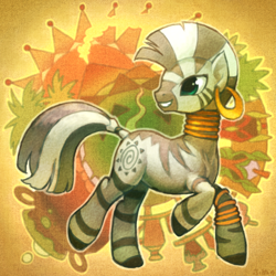 Size: 1000x1000 | Tagged: safe, artist:funuu, zecora, zebra, abstract background, cute, female, jewelry, pixiv, smiling, solo, zecorable