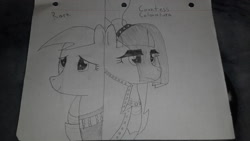 Size: 2560x1440 | Tagged: safe, artist:sniperbat97, coloratura, bad cropping, countess coloratura, duo, grayscale, lined paper, monochrome, pencil drawing, rara, sketch, traditional art